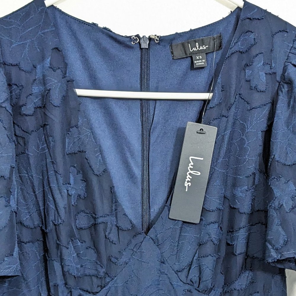 Lulus Navy Blue Floral Burnout Flutter Sleeve Jumpsuit - Picture 3 of 5